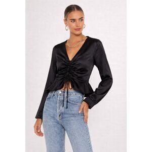 L’academie Satin Black Long Sleeve Peplum Blouse Top XXS Cropped Fancy Shirt